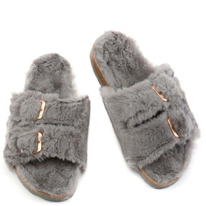 Defeat-63 Double Band Fur Slides Grey Fur