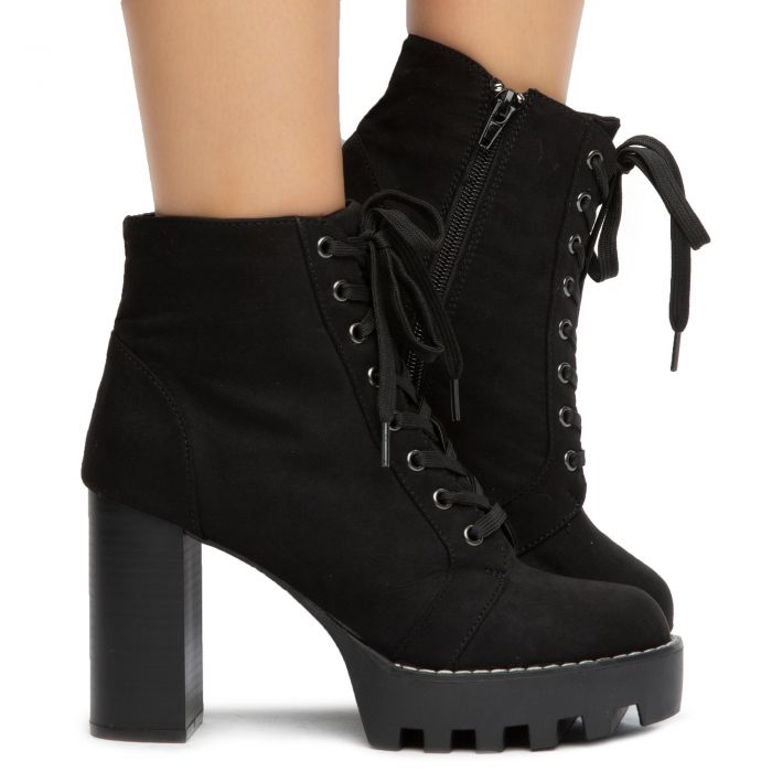black lace up flat booties