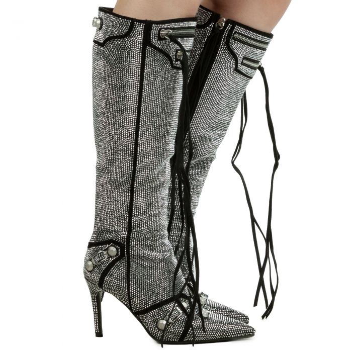 Rhinestone Heel Boot  Silver
