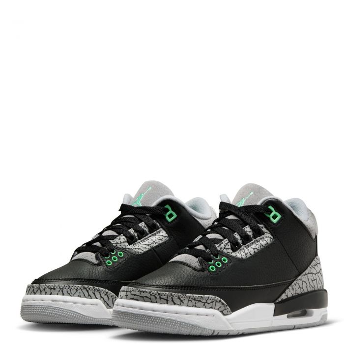 Grade School Air Jordan 3 Retro Black/Green Glow-Wolf Grey-White