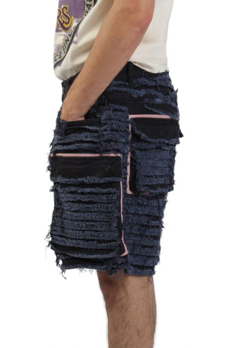 Shredded Denim Cargo Shorts Blue