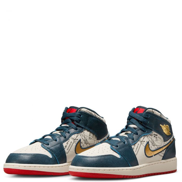 Grade School Air Jordan 1 Mid SE Armory Navy/Metallic Gold-Pale Ivory