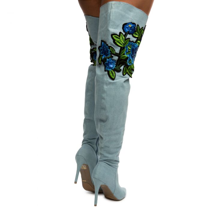 Dedicate-14M Floral Thigh High Boots Blue Denim