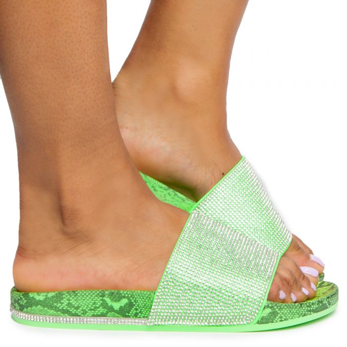 Marty-04 Rhinestone Slides Neon Green Snake