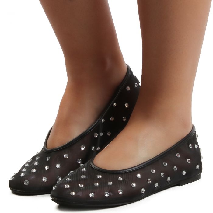 HEARTFUL Rhinestone Mesh Flats Black