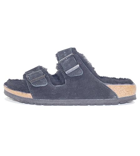 サンダル・ミュール BIRKENSTOCK ARIZONA - Suede lamb fur slipper (752663 BLK) Birkenstock Arizona Shearling-Mink Suede Leather