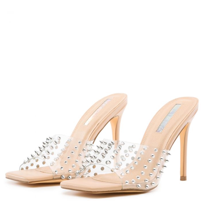 Hugo-8 Studs Stiletto High Heels Clear/Beige