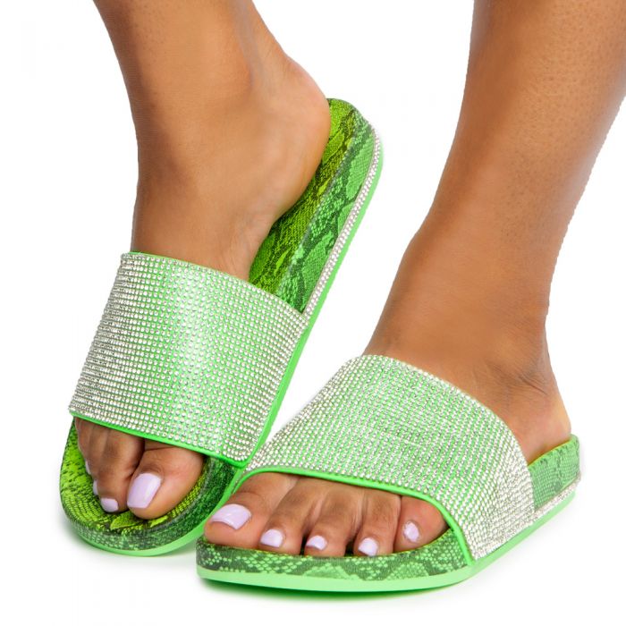 Marty-04 Rhinestone Slides Neon Green Snake