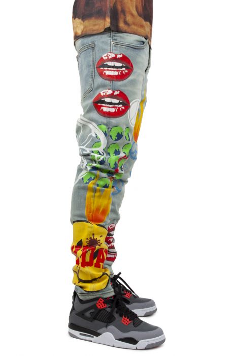 Peace Painted Slim Fit Jeans Light Indigo Blue