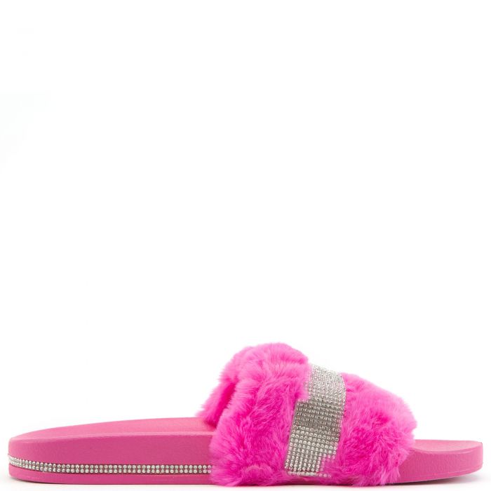 Dreamy Fur Rhinestone Slides Pink Fur