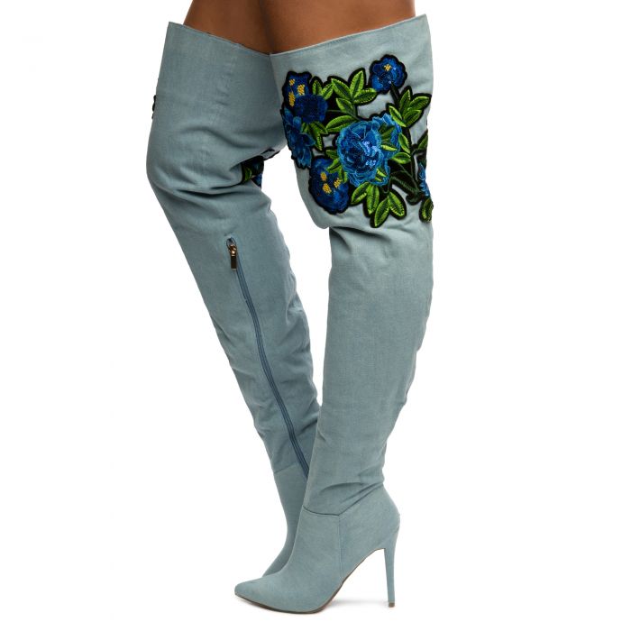 Dedicate-14M Floral Thigh High Boots Blue Denim