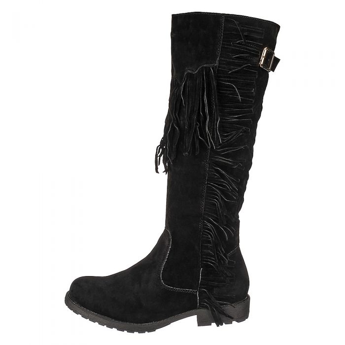 Knee High Fringe Pocket Boot Riley-01 Black