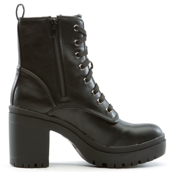 Regal-13 Chunky Lace Up Heel Bootie Black Crinckle Pu