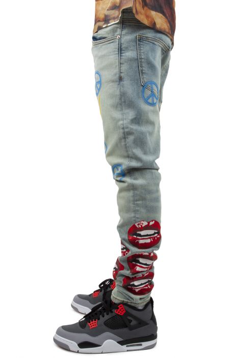 Peace Painted Slim Fit Jeans Light Indigo Blue