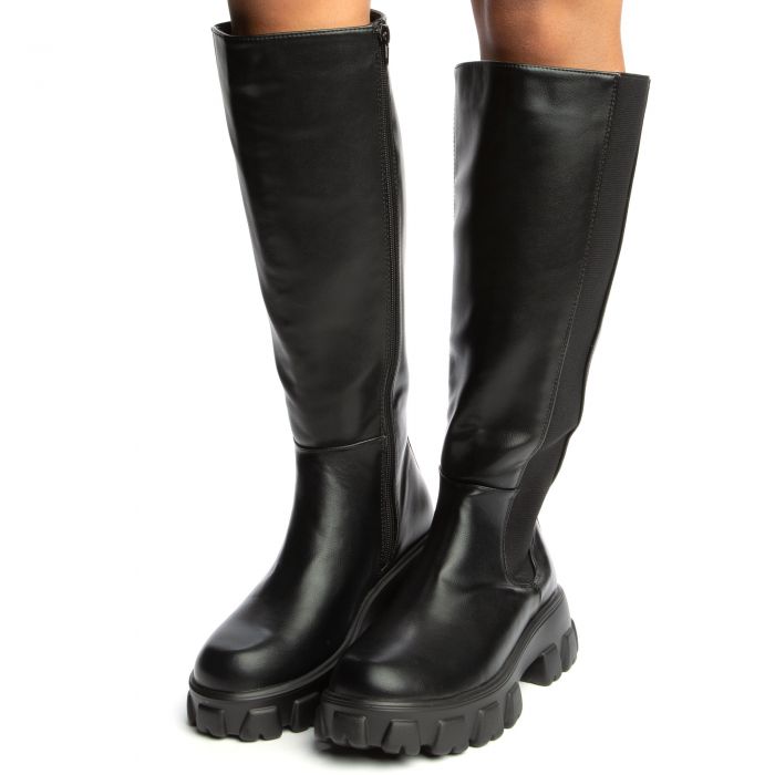 Tetris-15 Platform Knee High Boot Black Crinckle Pu