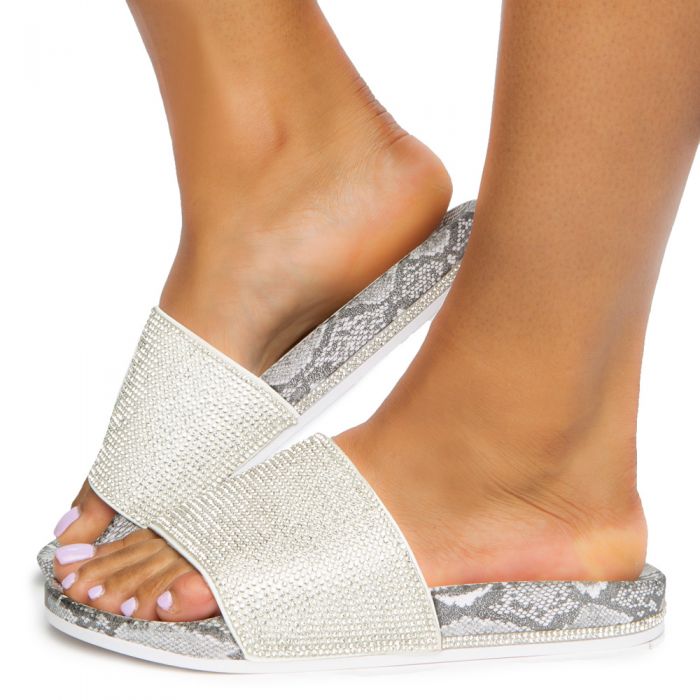 Marty-04 Rhinestone Slides White Snake