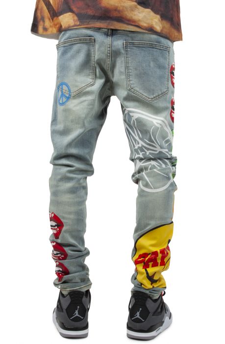 Peace Painted Slim Fit Jeans Light Indigo Blue