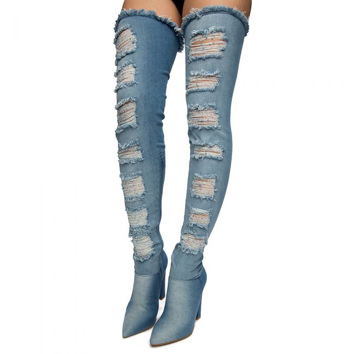 Madam Thigh-High Heel Denim Boots