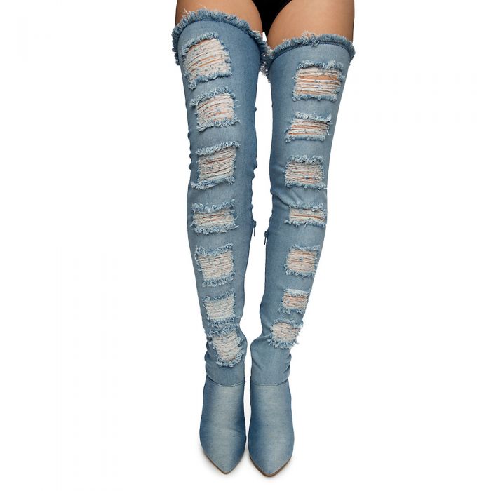 Madam Thigh-High Heel Denim Boots