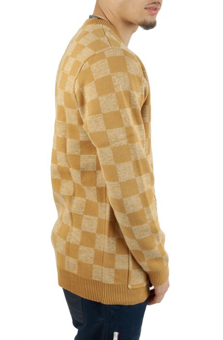 Checkerboard Jacquard Cardigan Sweater Wheat