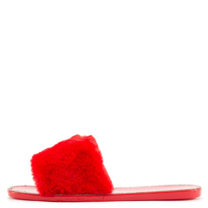 Jacelyn-18 Flat Fur Sandals Red Fur