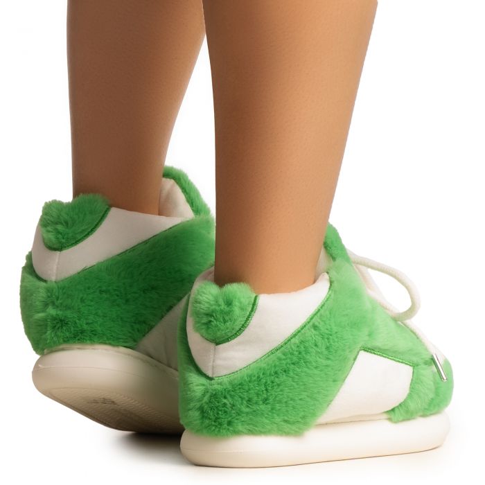 Furry Sneaker Slipper  White/Green