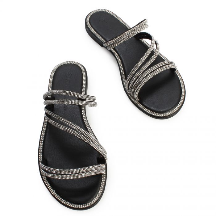 Jaydra-01 Flat Rhinestone Sandal Black/Silver