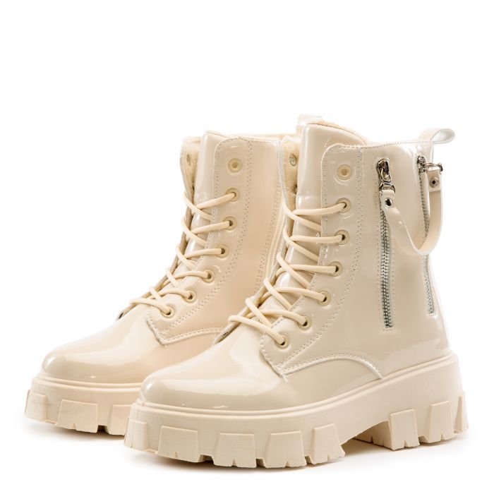 Trenton Lace-Up Combat Booties Off-White