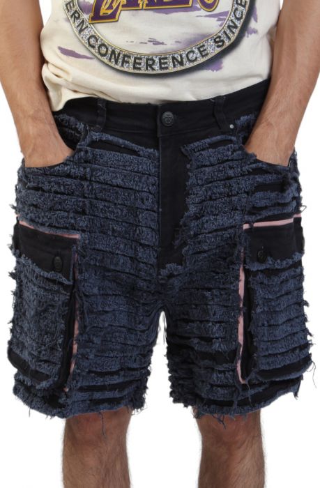 Shredded Denim Cargo Shorts Blue