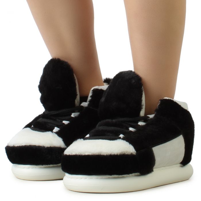 Furry Sneaker Slipper  Black/White