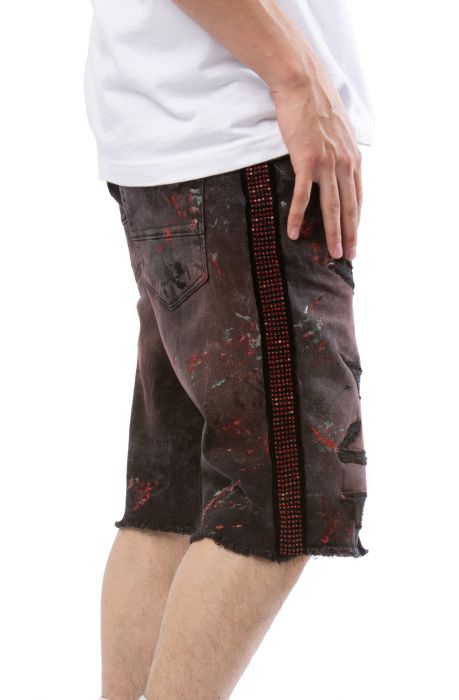 Rhinestone Striped Denim Shorts Black/Red