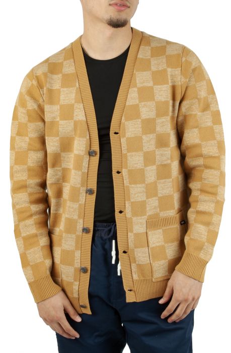 Checkerboard Jacquard Cardigan Sweater Wheat