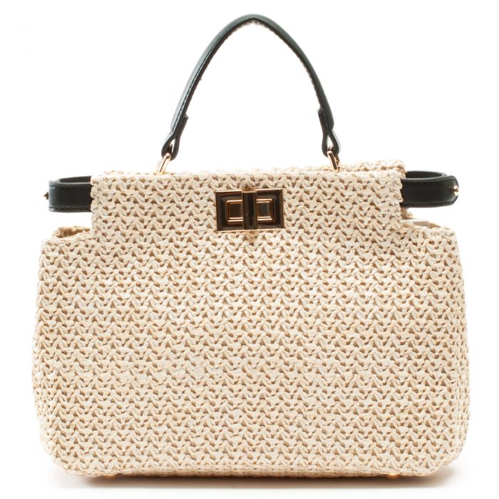 Faux Straw Top Handle Crossbody Bag Black