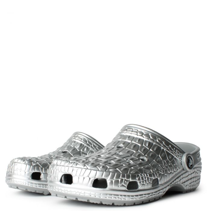 Classic Metallic Crocskin Clog Silver