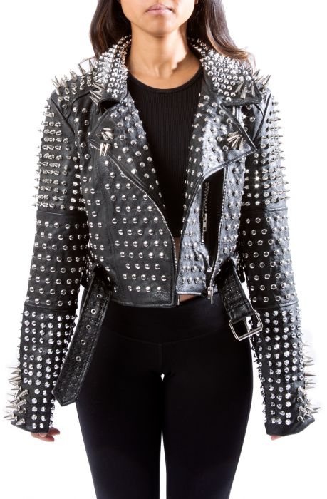 AZALEA WANG Lucifer Studded Crop Leather Jacket LUCIFER-BLK-SLV