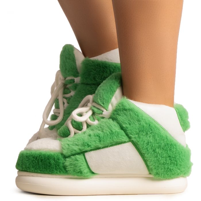 Furry Sneaker Slipper  White/Green