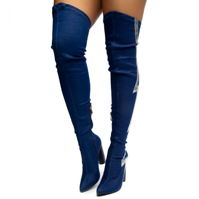 Paw-43 Thigh High Boots Denim Washed
