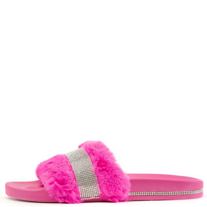 Dreamy Fur Rhinestone Slides Pink Fur