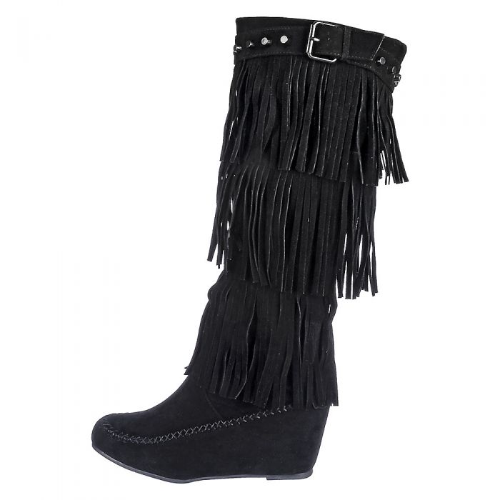 Nature Breeze Bridget Moccasin Boots – Knee-High Fringe Boots With Wedge Heel, Synthetic Suede - View #14