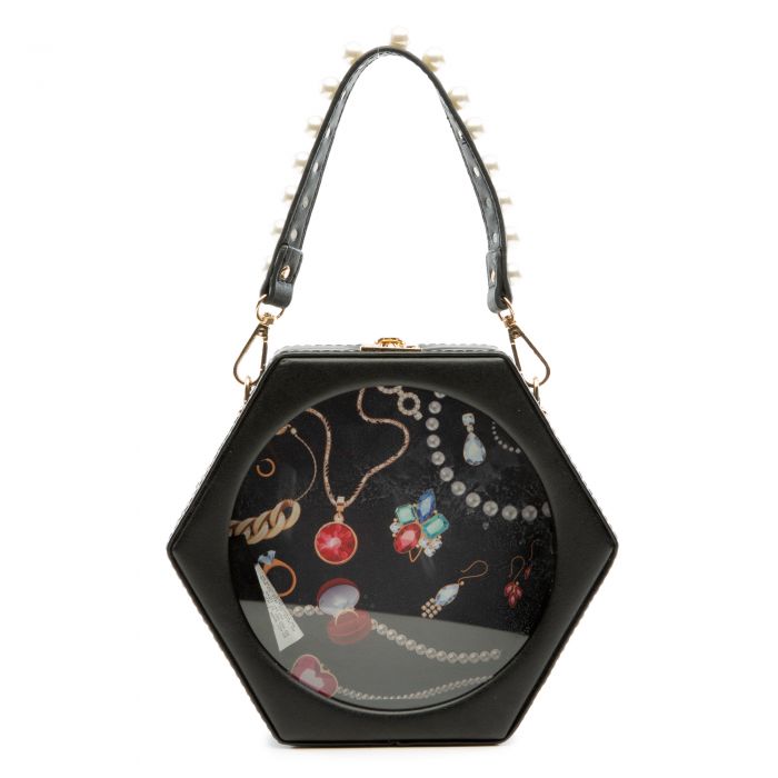 Hexagonal Jewelry Printed Handbag Black
