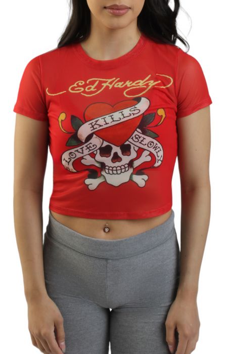 Mesh Skull Cropped Tee Red