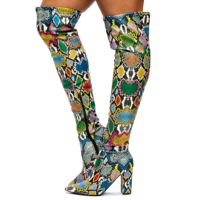 Bellflower-56 High Heel Boots Multi Snake