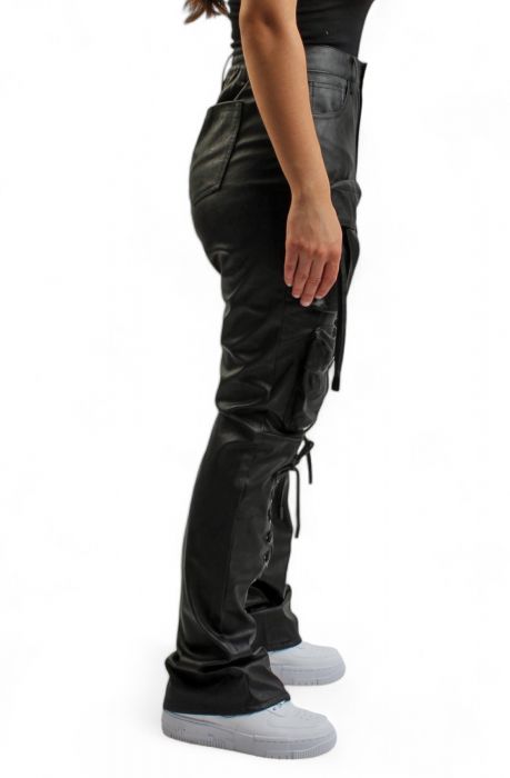 Stacked Utility Vegan Leather Pants Black