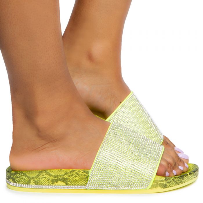 Marty-04 Rhinestone Slides Neon Yellow Snake