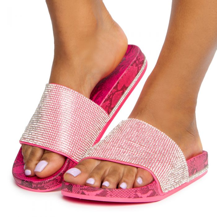 Marty-04 Rhinestone Slides Neon Pink Snake