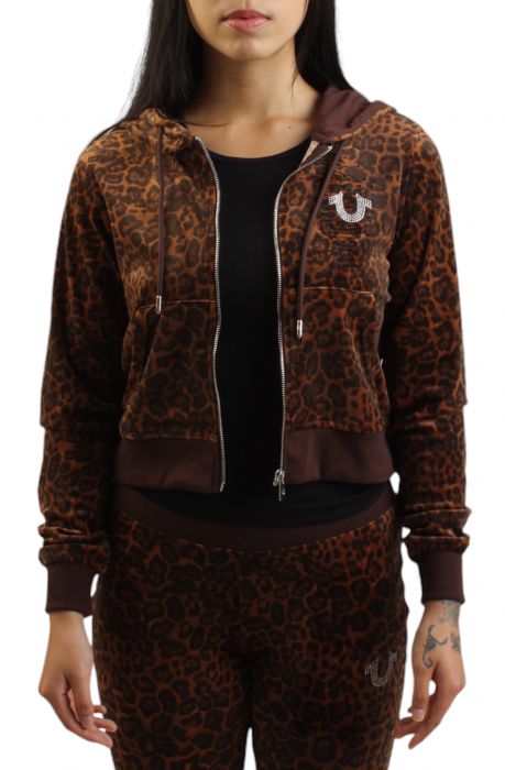 Velour Leopard Zip Hoodie  Brown/Black