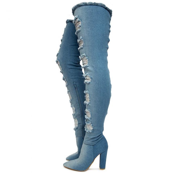 Madam Thigh-High Heel Denim Boots