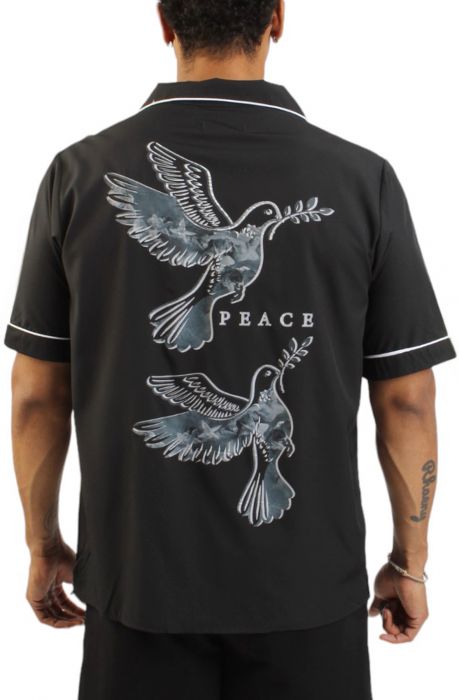 Peace Woven Button-Down Shirt  Black