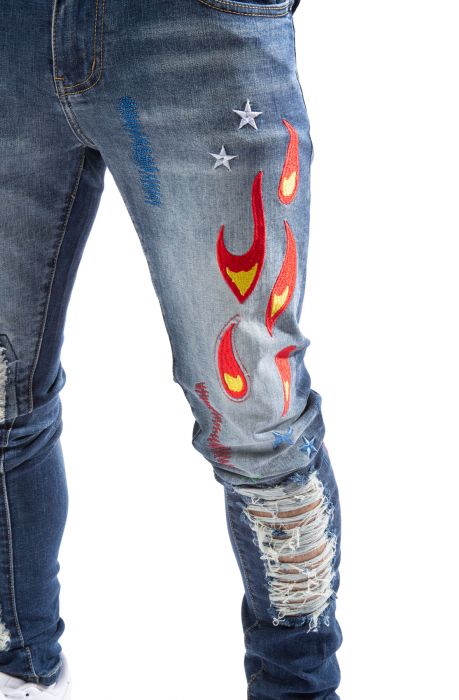 Hagan Flame Patch Jeans Medium Blue