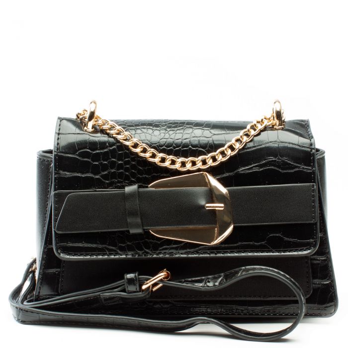 Metal Buckle Faux Leather Crossbody Bag Black